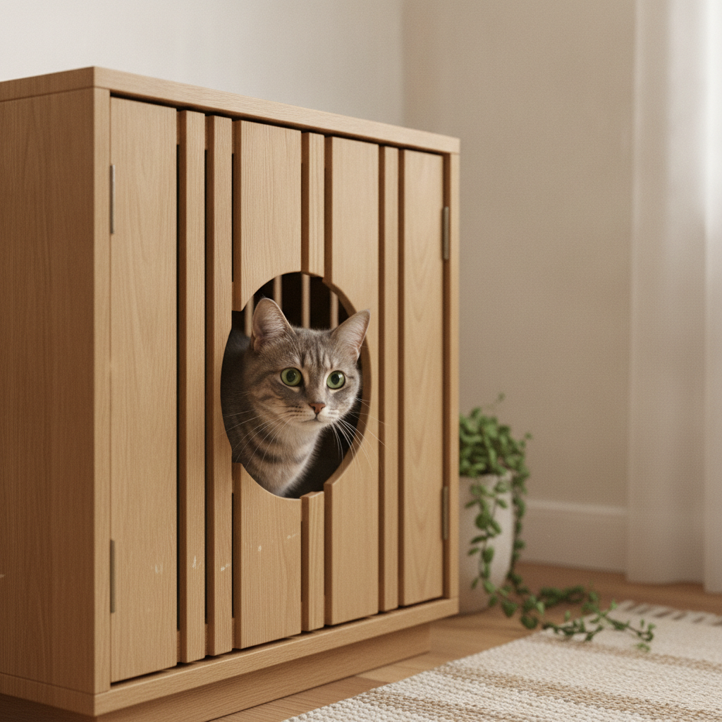 A low-fi slatted litter box hideaway enclosure
