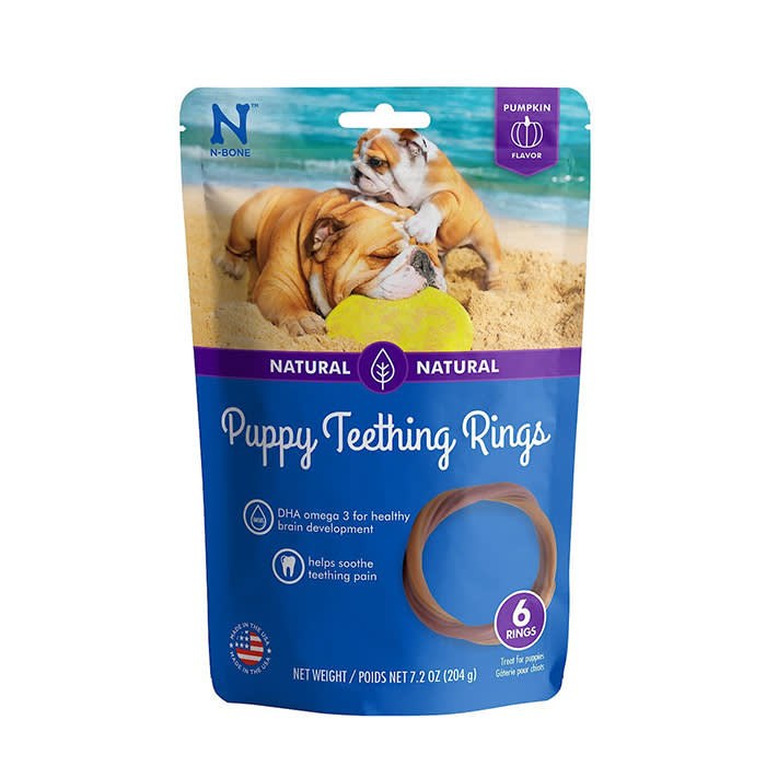 N-Bone Puppy Teething Ring, an edible pumpkin-flavored puppy teething chew