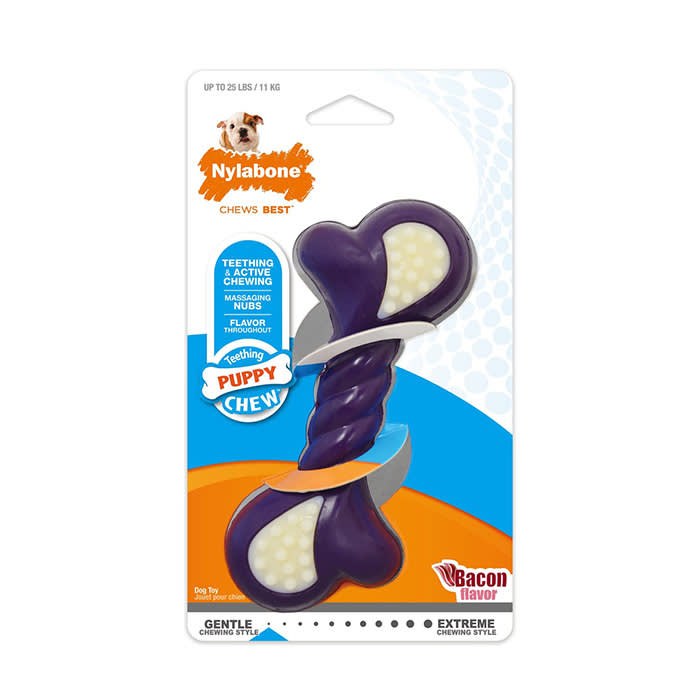 Nylabone Just for Puppies Double Action Bone, a bacon-flavored dual-texture puppy chew toy