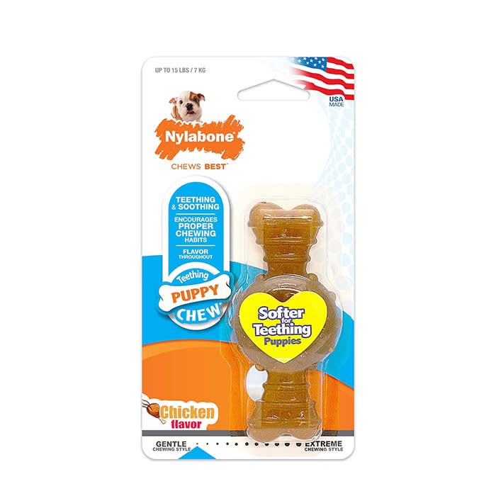 Nylabone Puppy Ring Bone, a soft chicken-flavored teething ring chew toy for small puppies