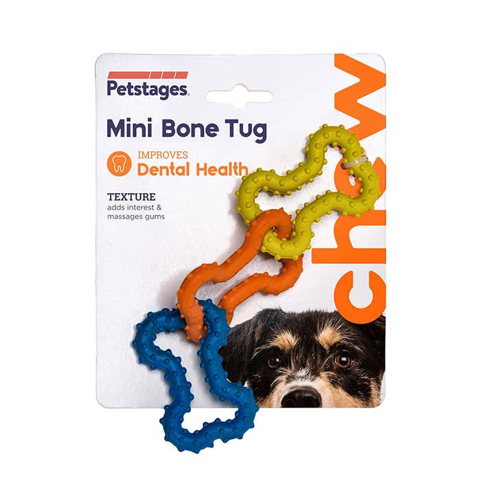 Petstages Mini Bone Tug, a small rubber puppy chew toy with fringed ends