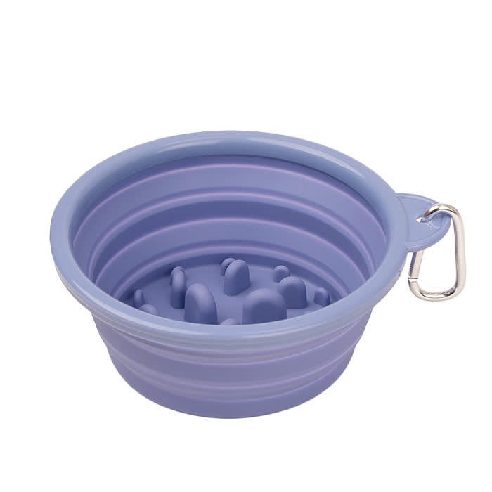 Collapsible silicone travel slow-feeder dog bowl that packs flat