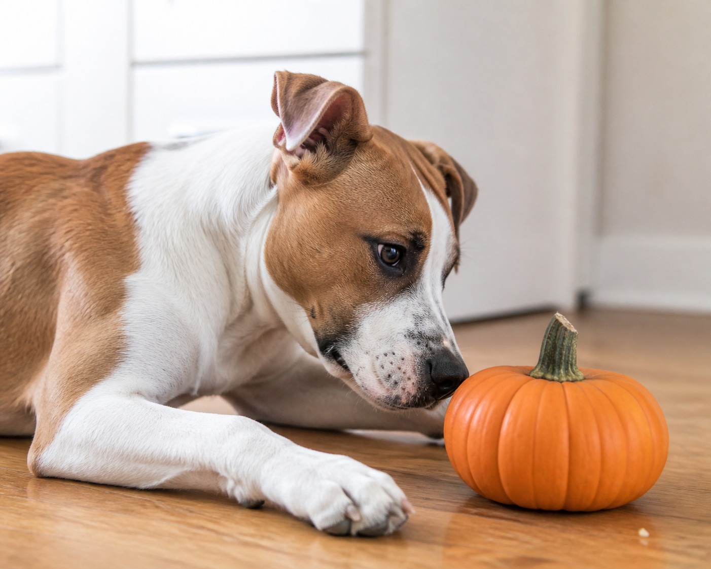 Jack Russell Terrier dog gnawing on a pumpkin