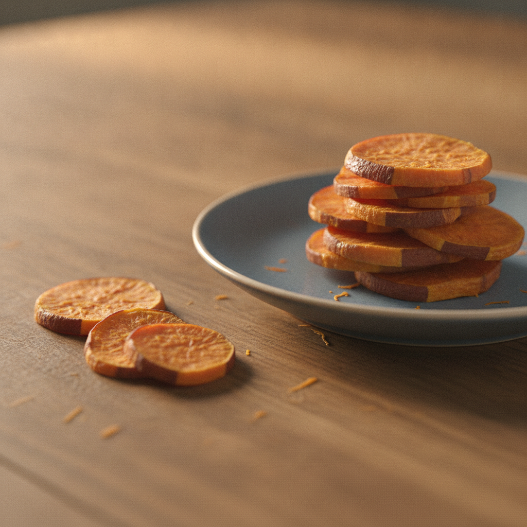 A blue plate of sweet potato chips made for dogs