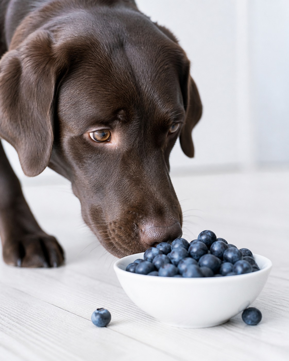 Dog sniffing a cup of fresh blueberries
