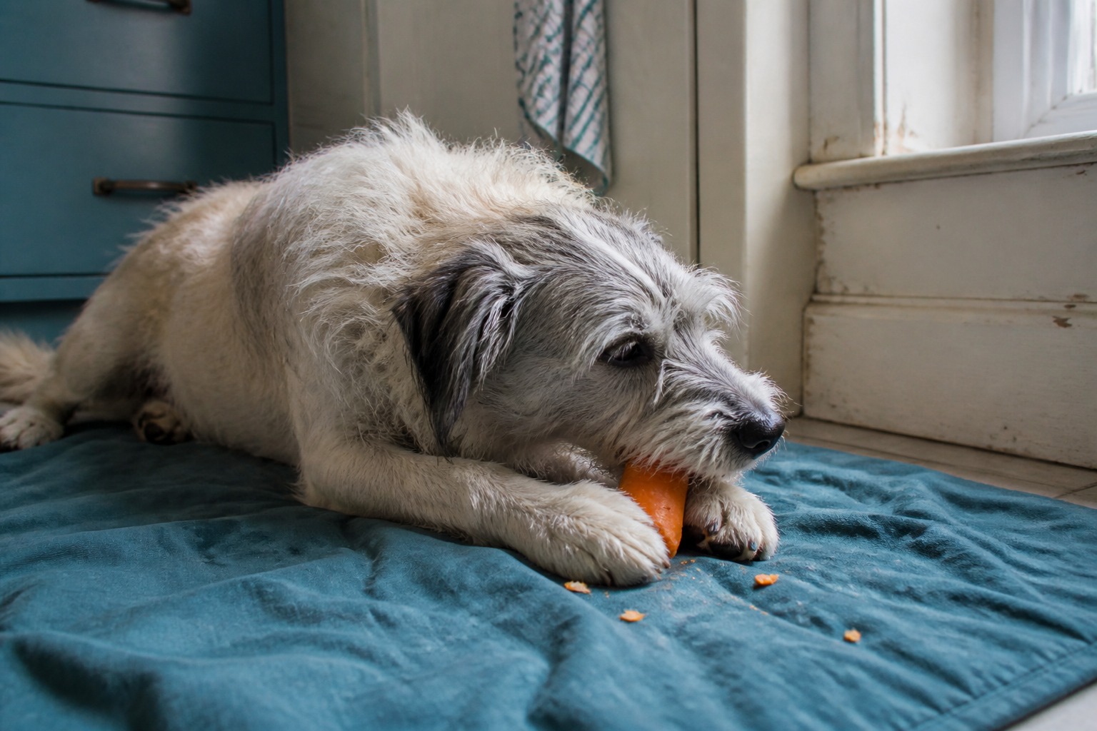 Dog chewing on a carrot while lying on rug