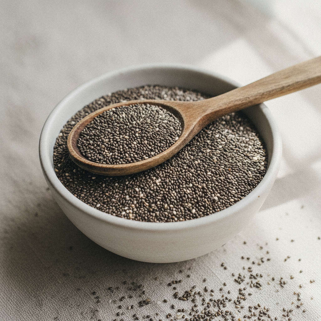 A bowl of brown chia seeds with a spoon