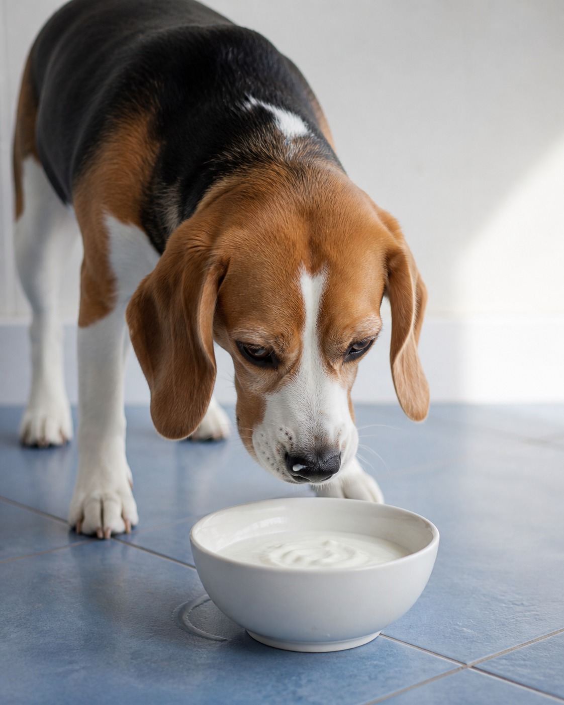Dog looking into a bowl of plain yogurt