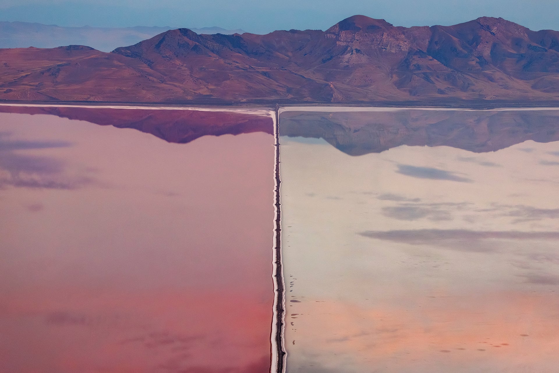 A wetland that looks split in two, one half pink and the other pale, with mountains in the background.
